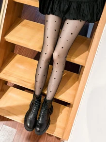Heart Pattern Tights - Black - View 5