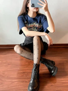 Heart Pattern Tights - Black - View 6