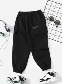 SHEIN 小男童字母圖案側翻蓋口袋工裝褲