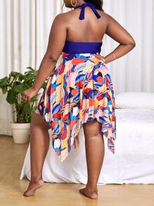 SHEIN Swim Curve Plus Leaf Print Asymmetrical Swim Dress With Bikini Bottom - Multicolor - View 2
