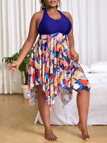 SHEIN Swim Curve Plus Leaf Print Asymmetrical Swim Dress With Bikini Bottom - Multicolor - View 4
