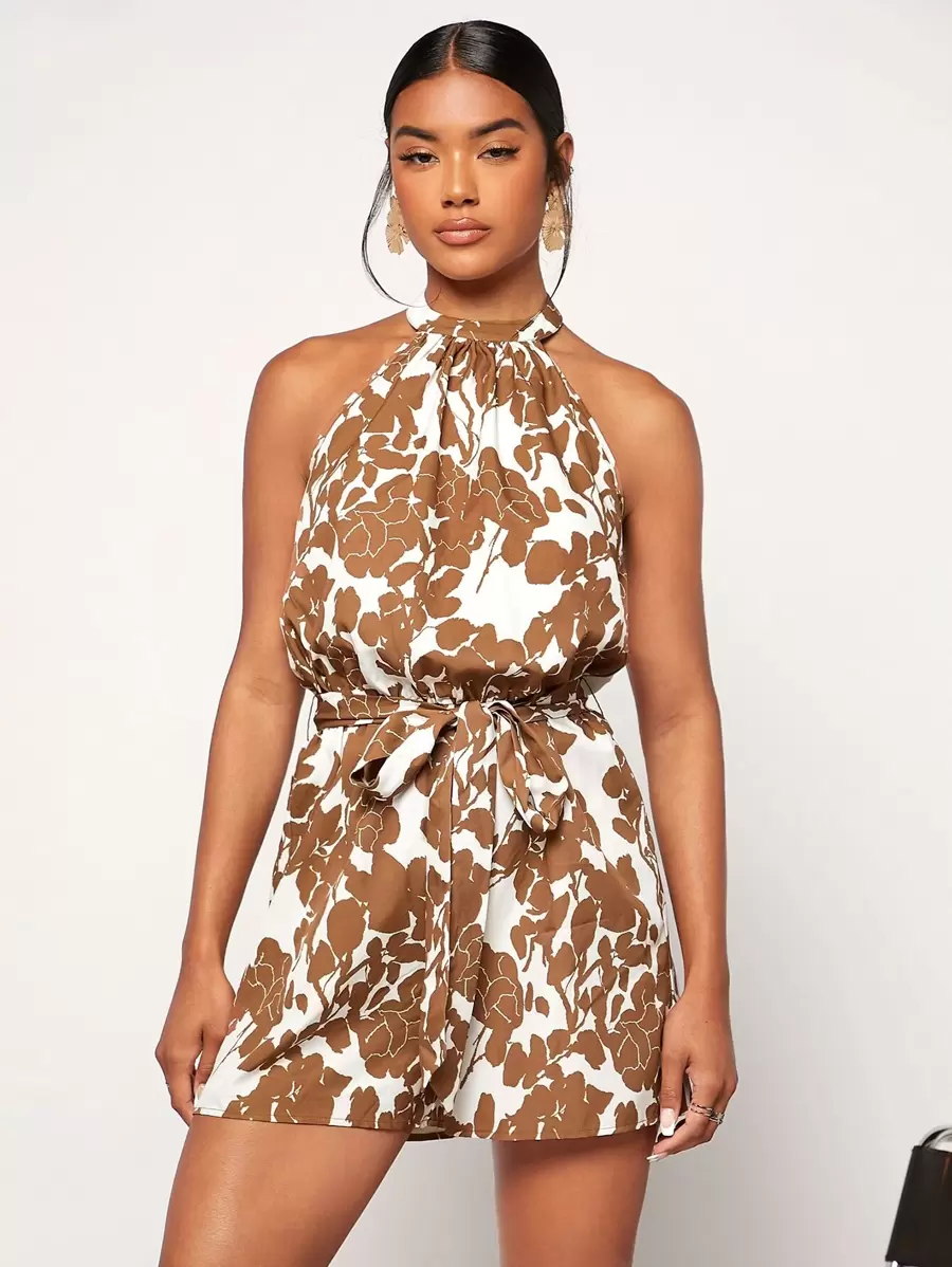SHEIN VCAY Floral Print Backless Belted Halter Romper - Multicolor - View 1