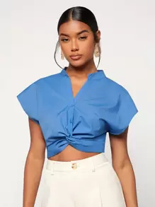 SHEIN Essnce Notched Neck Batwing Sleeve Twist Blouse - Blue - View 1