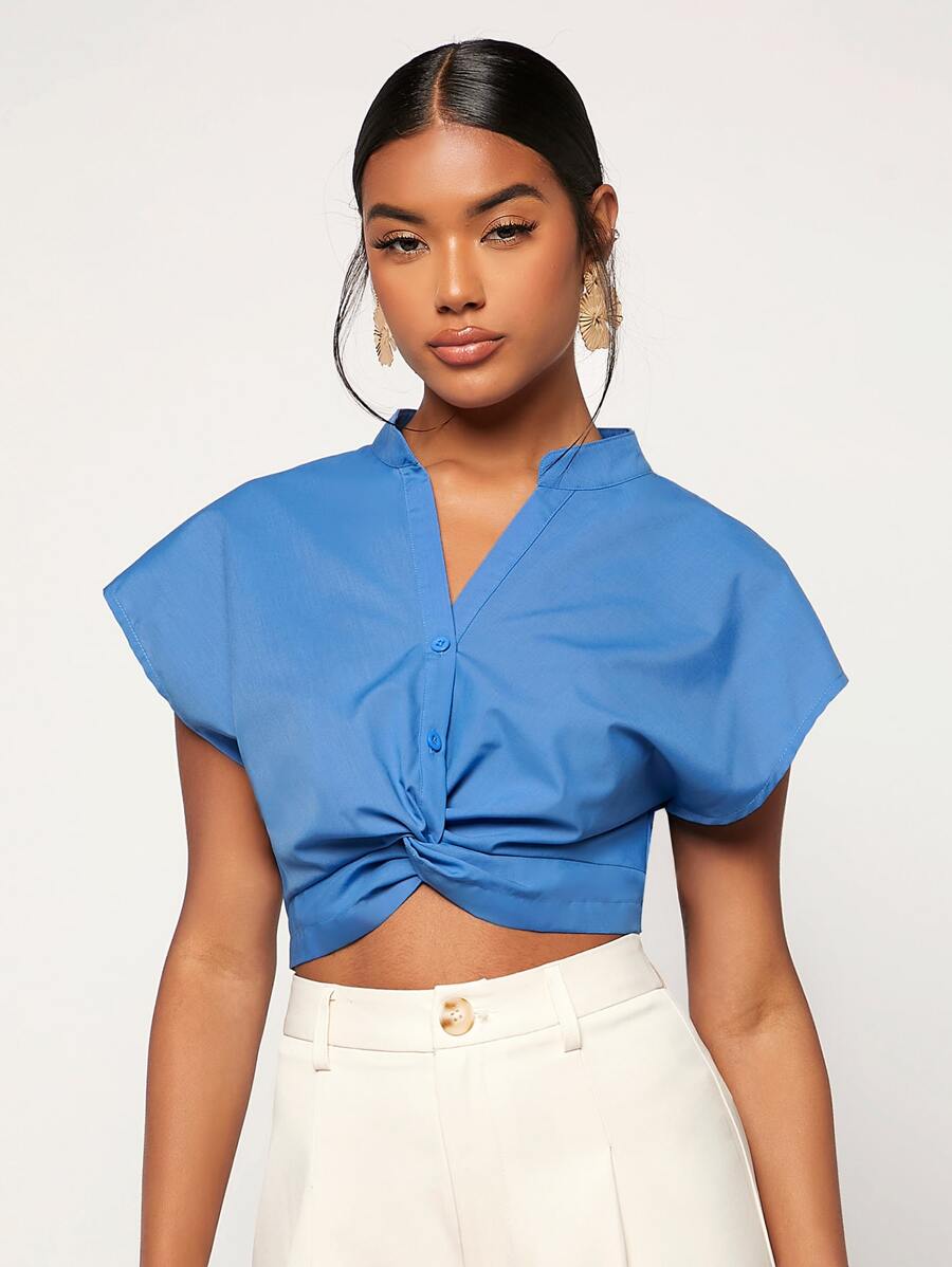 SHEIN Essnce Notched Neck Batwing Sleeve Twist Blouse - Blue - View 1