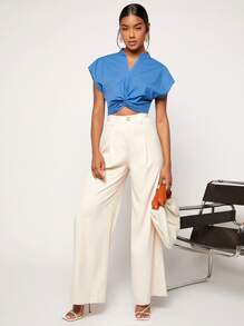 SHEIN Essnce Notched Neck Batwing Sleeve Twist Blouse - Blue - View 5