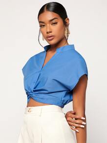 SHEIN Essnce Notched Neck Batwing Sleeve Twist Blouse - Blue - View 3