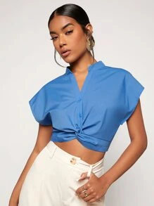 SHEIN Essnce Notched Neck Batwing Sleeve Twist Blouse - Blue - View 2