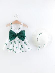 Baby Cherry Print Bow Front Cami Dress & With Hat - White - View 1