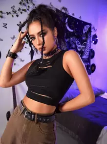 ROMWE Grunge Punk Top corto tipo tank top de corte sólido con aberturas, para la escuela - Negro - Ver 3