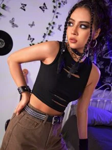 ROMWE Grunge Punk Top corto tipo tank top de corte sólido con aberturas, para la escuela - Negro - Ver 5