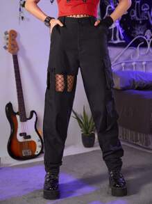 ROMWE Grunge Punk Solid Cut Out Cargo Pants, School - Black - View 1