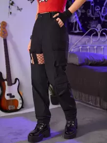 ROMWE Grunge Punk Solid Cut Out Cargo Pants, School - Black - View 4