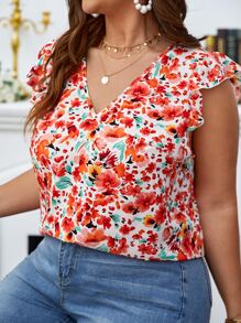 SHEIN Frenchy Plus Allover Floral Print Butterfly Sleeve Blouse