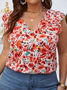 SHEIN Frenchy Plus Allover Floral Print Butterfly Sleeve Blouse