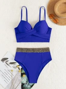 SHEIN Swim 實心縫細節升級高腰比基尼泳衣 - 寶藍色 - 查看 6