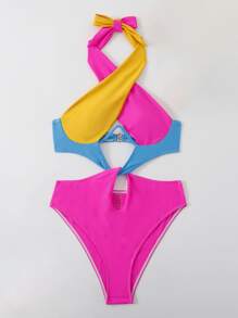Swim Vcay Bañador una pieza de color combinado con abertura con cordón trasero con aro - Multicolor - Ver 5