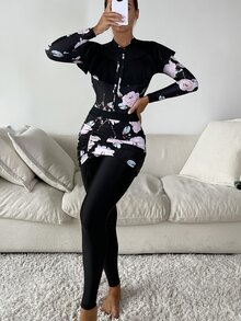 3入組隨機花朵印花抽繩拉鍊荷葉邊布基尼泳裝 - 彩色 - 查看 3