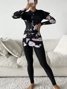 3入組隨機花朵印花抽繩拉鍊荷葉邊布基尼泳裝 - 彩色 - 查看 4