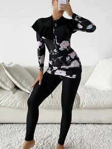 3入組隨機花朵印花抽繩拉鍊荷葉邊布基尼泳裝 - 彩色 - 查看 5