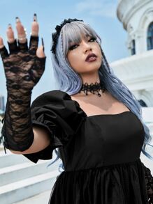 ROMWE PUNK Vestido de manga farol bajo irregular de malla - Negro - Ver 3