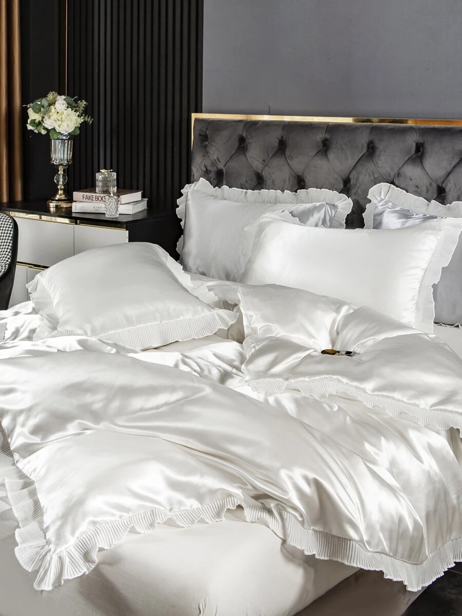 Ruffle Decor Satin Duvet Cover Set Without Filler - White - View 1