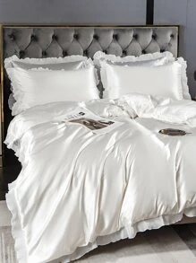 Ruffle Decor Satin Duvet Cover Set Without Filler - White - View 2
