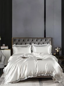 Ruffle Decor Satin Duvet Cover Set Without Filler - White - View 5