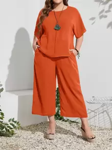 EMERY ROSE Plus Batwing Sleeve Top And Pants Set - Burnt Orange - View 1