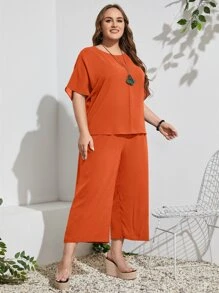 EMERY ROSE Plus Batwing Sleeve Top And Pants Set - Burnt Orange - View 6