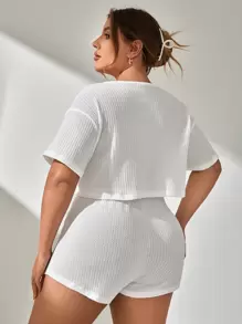 Plus Solid Texture Knot Waist PJ Set / Pajama Set White Set - White - View 2