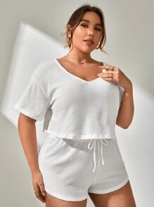 Plus Solid Texture Knot Waist PJ Set / Pajama Set White Set - White - View 4