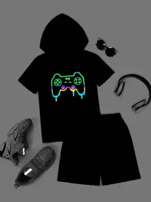 SHEIN Boys Reflective Graphic Print Hooded Tee & Track Shorts - Black - View 1