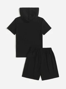 SHEIN Boys Reflective Graphic Print Hooded Tee & Track Shorts - Black - View 2