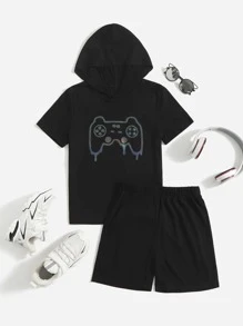 SHEIN Boys Reflective Graphic Print Hooded Tee & Track Shorts - Black - View 4