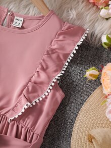 Girls 1pc Ruffle Trim Keyhole Back Tie Front Dress - Dusty Pink - View 3