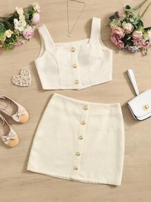 SHEIN 青少年女孩前紐扣吊帶上衣和半身裙 - 米色 - 查看 1