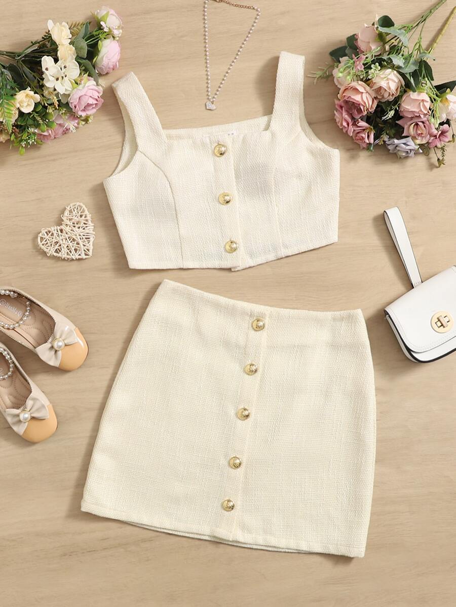 SHEIN 青少年女孩前紐扣吊帶上衣和半身裙 - 米色 - 查看 1