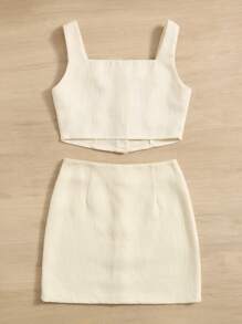 SHEIN 青少年女孩前紐扣吊帶上衣和半身裙 - 米色 - 查看 2