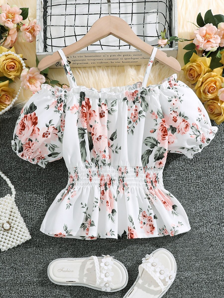 SHEIN Niñas Blusa floral ribete fruncido con fruncido de hombros descubiertos de manga farol bajo con fruncido - Multicolor - Ver 1