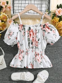 SHEIN Niñas Blusa floral ribete fruncido con fruncido de hombros descubiertos de manga farol bajo con fruncido - Multicolor - Ver 2