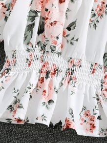 SHEIN Niñas Blusa floral ribete fruncido con fruncido de hombros descubiertos de manga farol bajo con fruncido - Multicolor - Ver 3