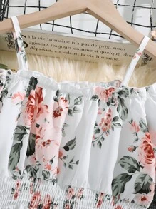 SHEIN Niñas Blusa floral ribete fruncido con fruncido de hombros descubiertos de manga farol bajo con fruncido - Multicolor - Ver 4