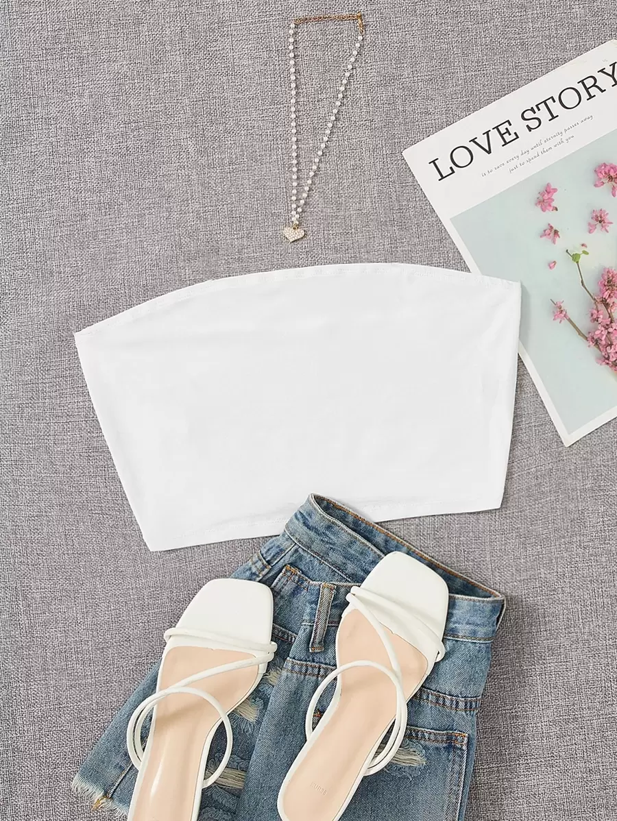 SHEIN PETITE Solid Crop Tube Summer Top - White - View 1