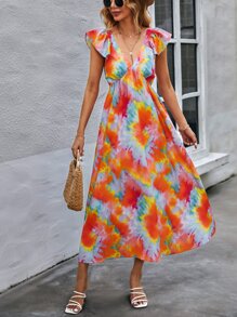 SHEIN Unity Vestido de tie dye de manga con volante - Multicolor - Ver 1