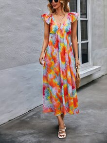 SHEIN Unity Vestido de tie dye de manga con volante - Multicolor - Ver 4