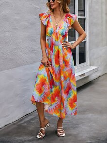 SHEIN Unity Vestido de tie dye de manga con volante - Multicolor - Ver 5