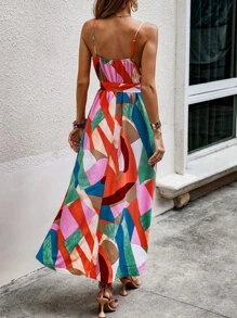 Breezaya Vestido largo de mujer tipo canesú con cinturón, diseño de bloques de color y dobladillo envolvente - Multicolor - Ver 2