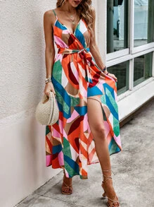 Breezaya Vestido largo de mujer tipo canesú con cinturón, diseño de bloques de color y dobladillo envolvente - Multicolor - Ver 5