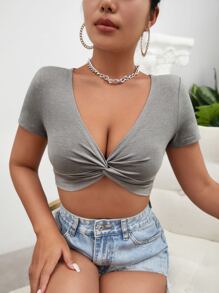 SHEIN Essnce Twist Front Crop Top - Light Grey - View 1