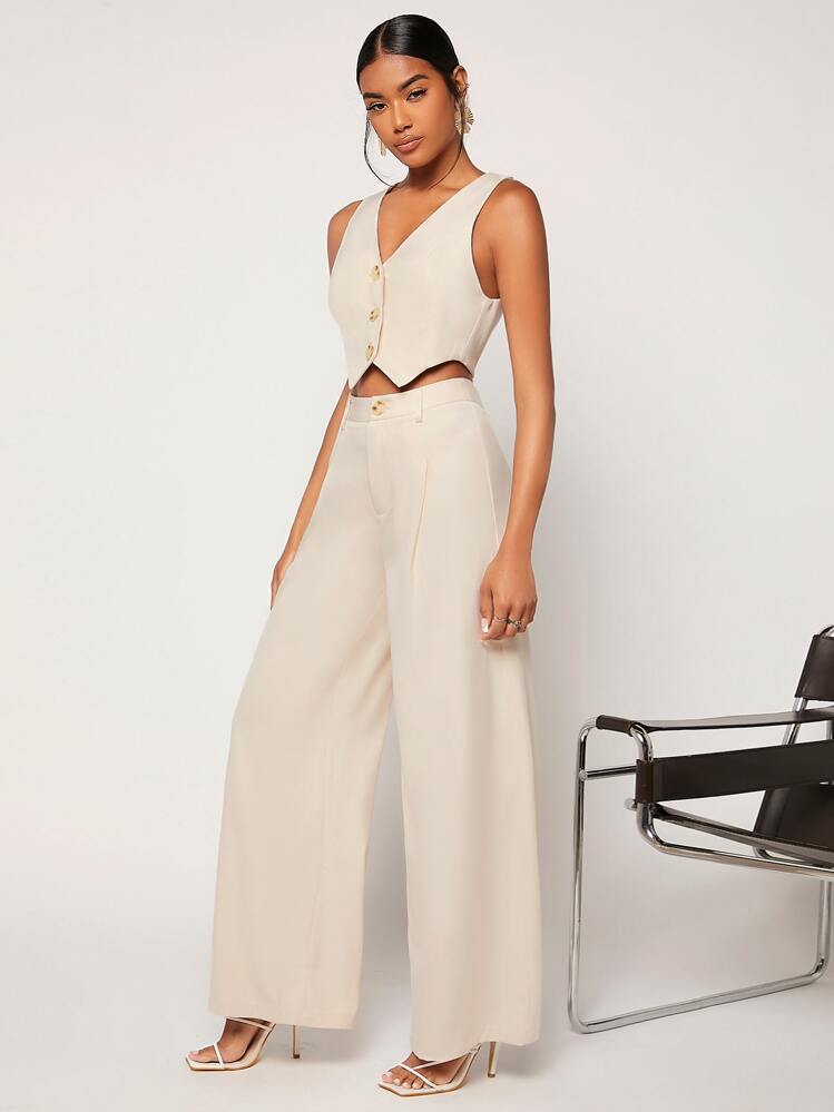 BizChic Women's 2 Pcs Set: Khaki Asymmetrical Hem Vest Jacket & Wide Leg Pants, Ladies Workwear